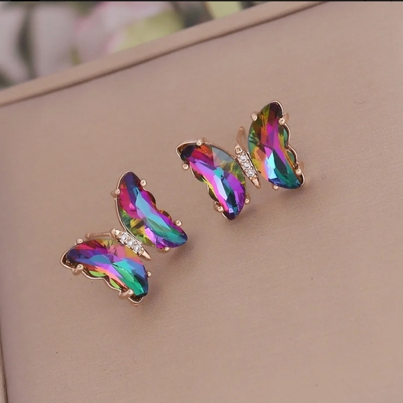 Fashion Jewelry Jewelry - SEE NEW LISTING Rainbow Rhinestone Butterfly Earring Studs Gold Tone